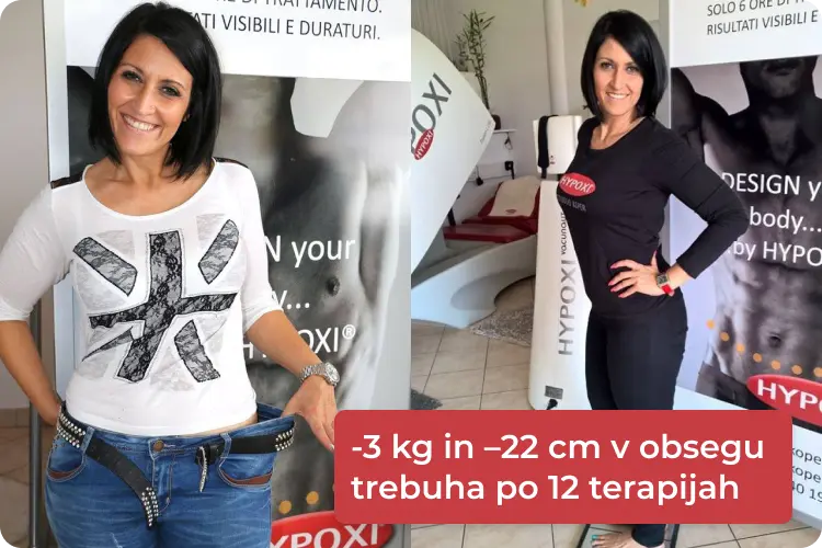 Dve fotografiji ženske v HYPOXI studiu v sklopu terapije za preoblikovanej telesa z napisom '-3kg in -22cm v obsegu trebuha po 12 terapijah'